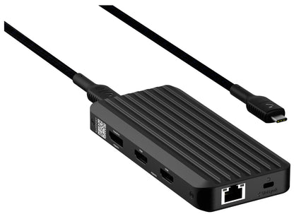 Unisynk 10-ports USB-C-hub sort med rillet overflade, USB, HDMI, Ethernet-port og flettet USB-C-kabel, 140 W pass-through.