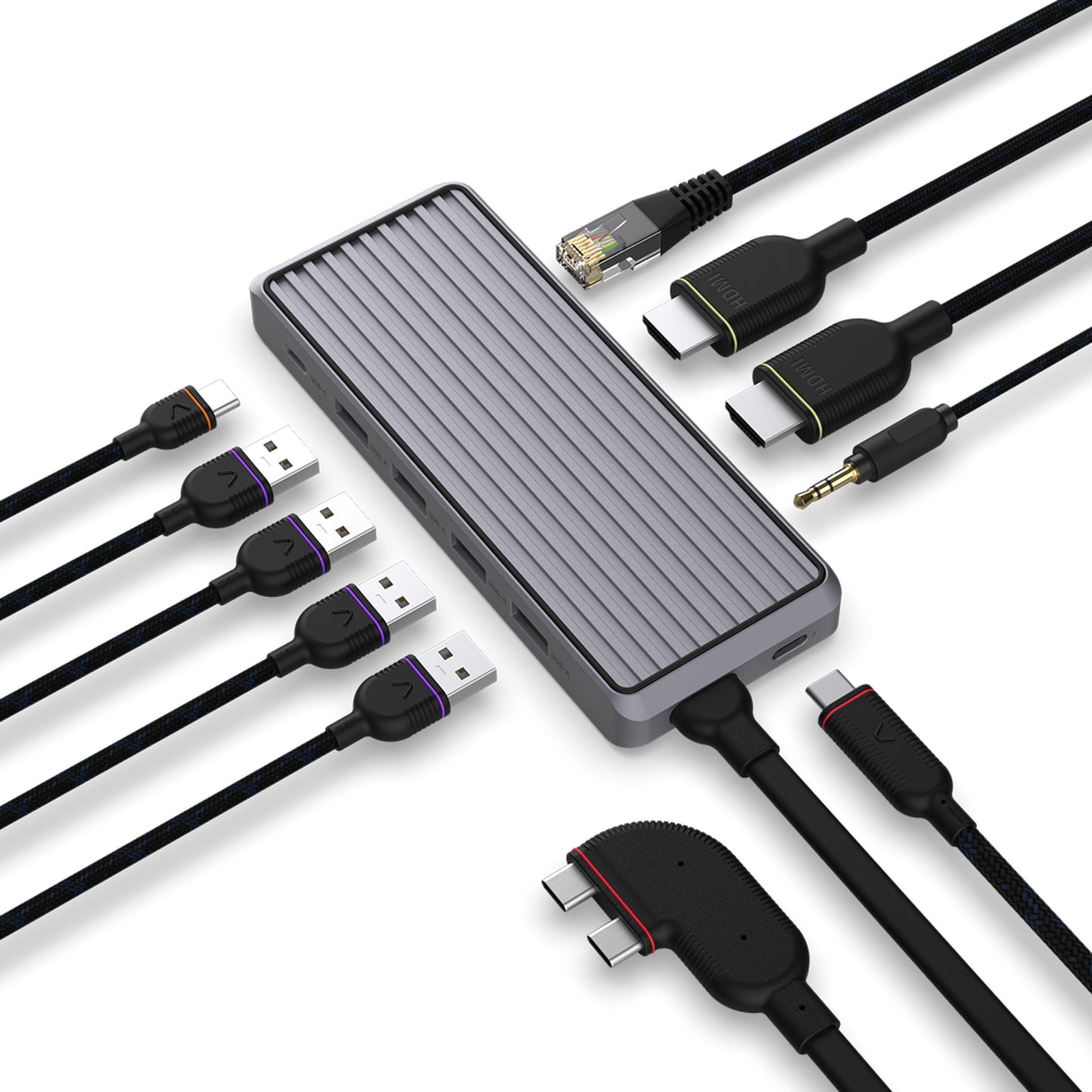 Unisynk 10-ports USB-C-hub grå til Mac, med USB, HDMI, Ethernet, lyd og USB-C porte, understøtter dobbelte 4K-skærme.