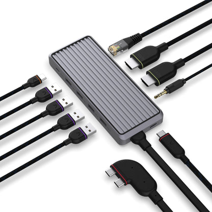 Unisynk 10-ports USB-C-hub grå til Mac, med USB, HDMI, Ethernet, lyd og USB-C porte, understøtter dobbelte 4K-skærme.