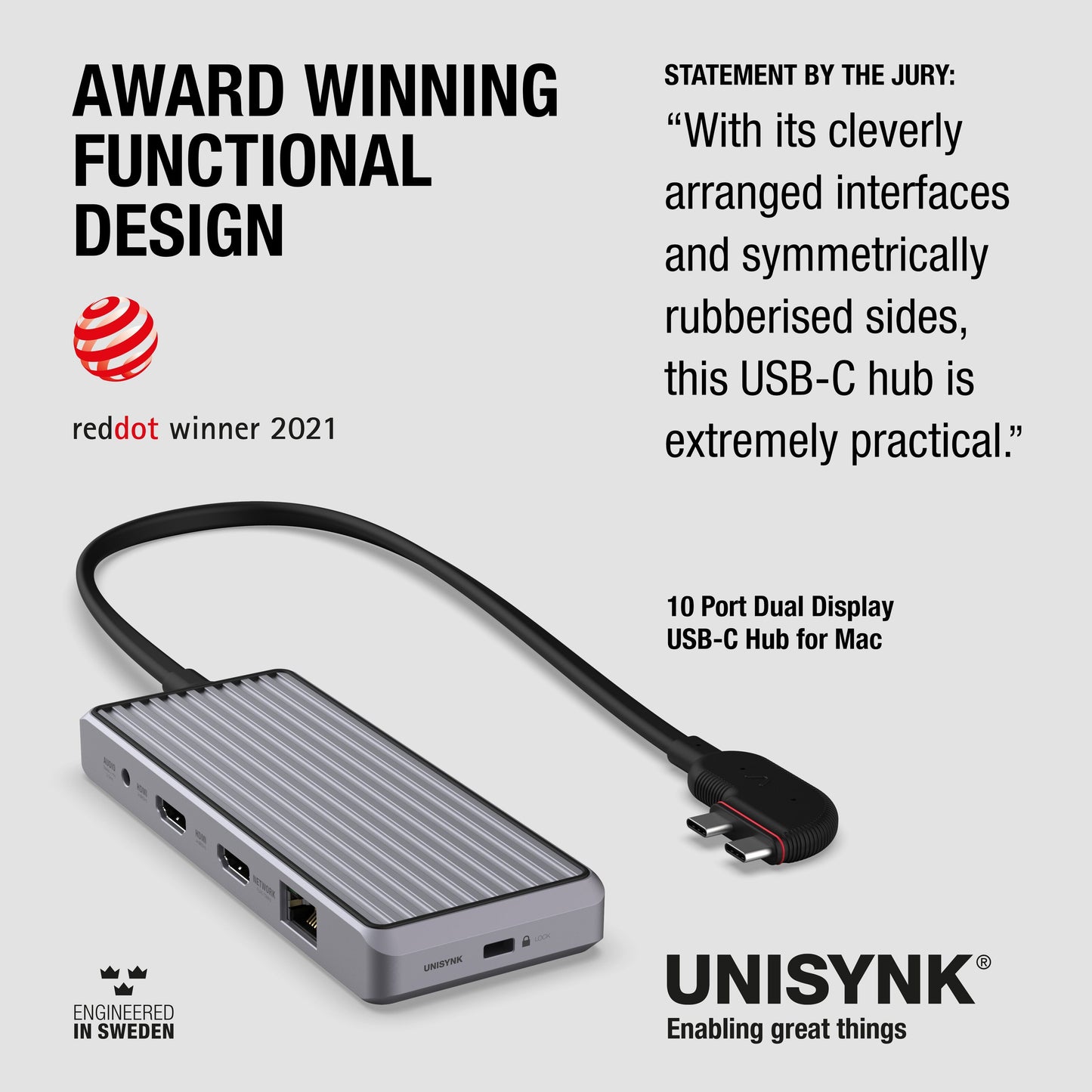 Unisynk 10-ports USB-C-hub til Mac, grå, riflet sølvdesign, sort kabel, rød stik, understøtter dobbelte 4K-skærme.