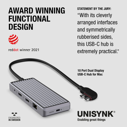 Unisynk 10-ports USB-C-hub til Mac, grå, riflet sølvdesign, sort kabel, rød stik, understøtter dobbelte 4K-skærme.