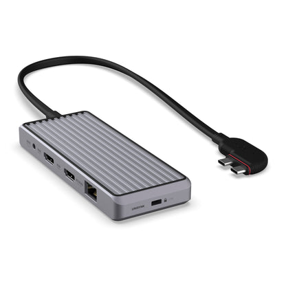 Unisynk 10-ports USB-C-hub grå til Mac med HDMI, USB, Ethernet, SD-kortslot og sort USB-C kabel til dobbelte skærme.