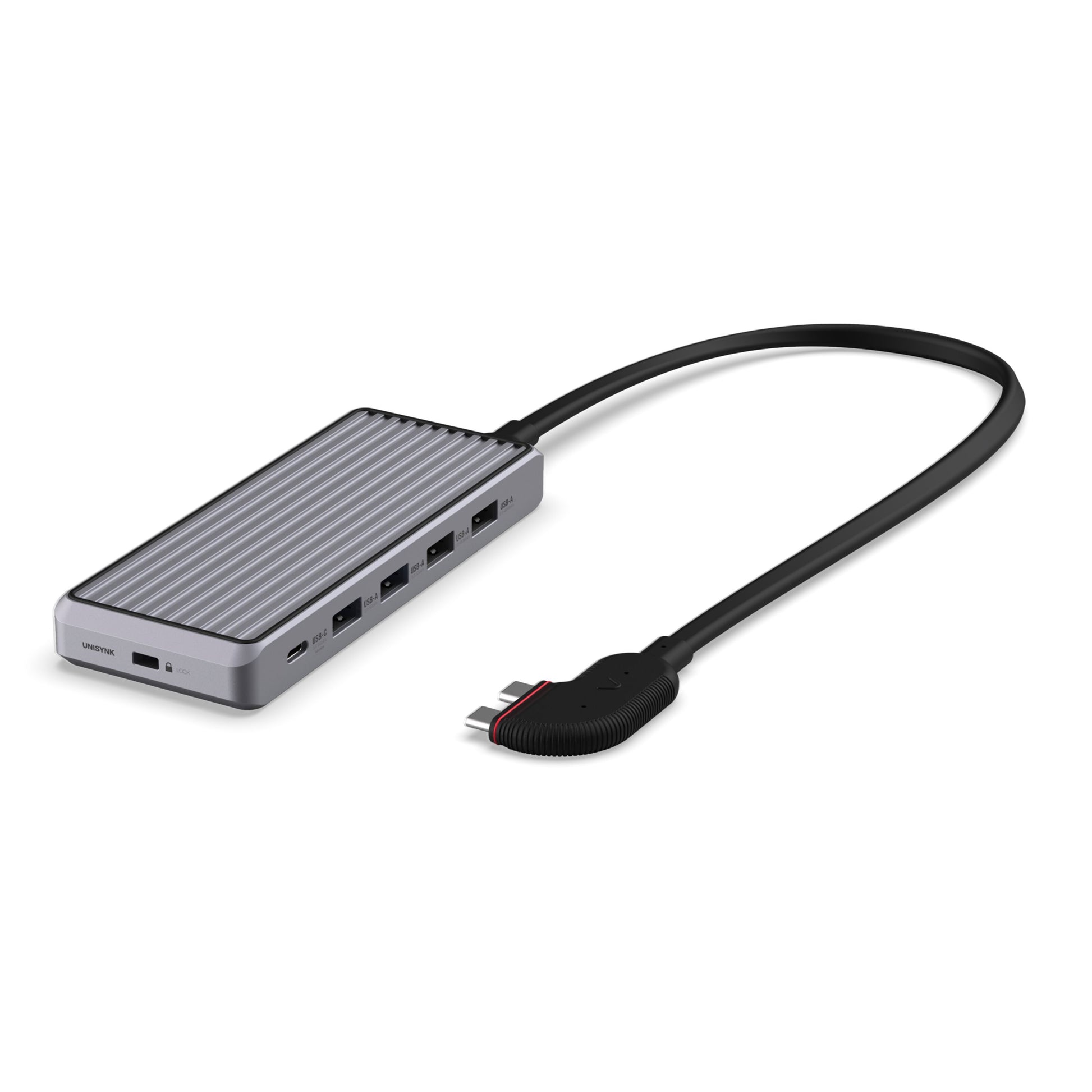 Unisynk 10-ports USB-C-hub grå til Mac, understøtter til 4K-skærme, USB-C/USB-A-porte, lang sort kabel.