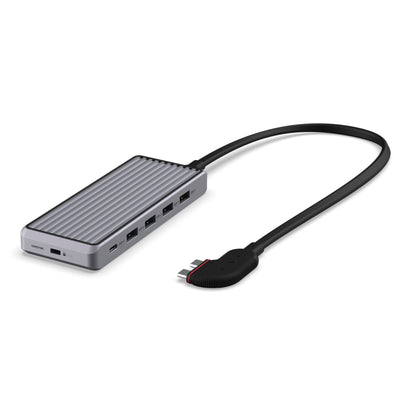 Unisynk 10-ports USB-C-hub grå til Mac, understøtter til 4K-skærme, USB-C/USB-A-porte, lang sort kabel.