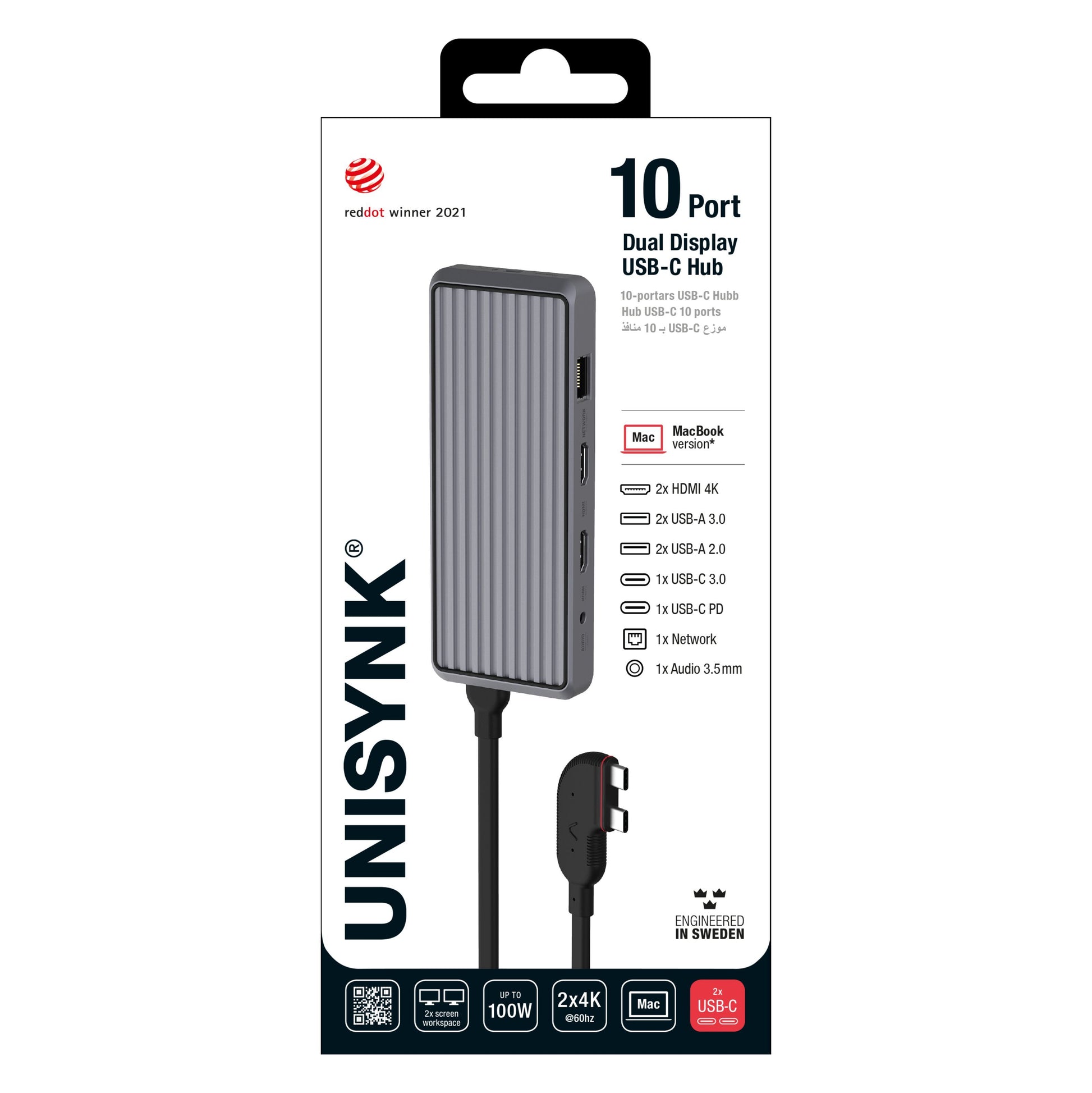 Unisynk 10-ports USB-C-hub grå til Mac med HDMI, DisplayPort, USB-A/-C, netværk, lyd og 100W opladning.