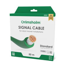Grimsholm Standard signalkabel 50 m til robotplæneklipper, grøn/hvid æske, synligt kabel, 3Y Warranty badge.
