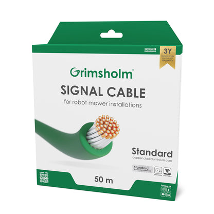 Grimsholm Standard signalkabel 50 m til robotplæneklipper, grøn/hvid æske, synligt kabel, 3Y Warranty badge.