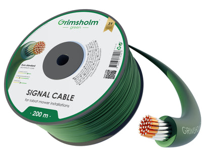 Grimsholm Standard signalkabel 200 m til robotplæneklipper, synligt produktlabel og kobbertråde.