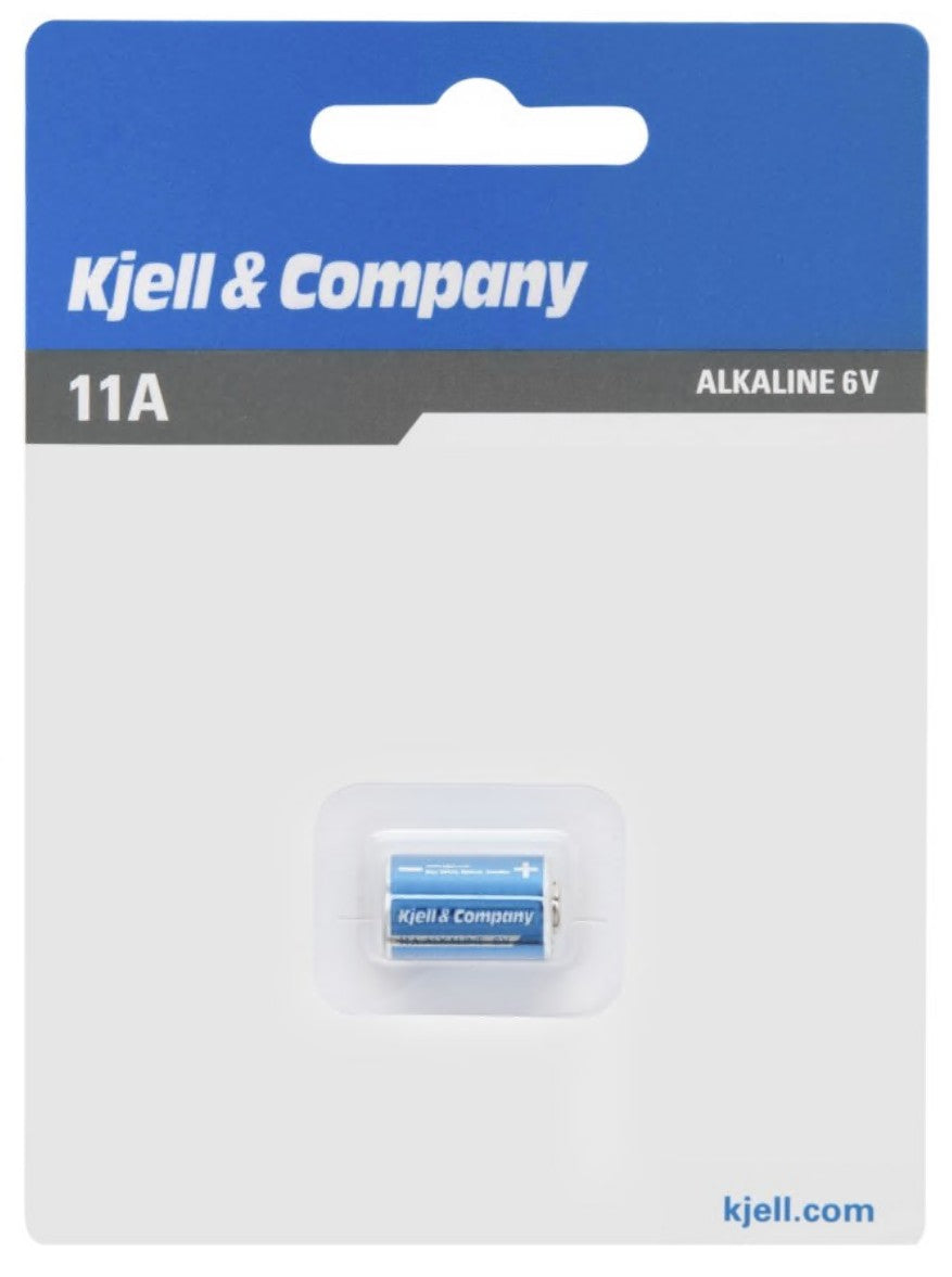 Kjell 11A (LR-11A) 6V batteri i blå/hvid emballage med Kjell-logo og webadresse på kort.