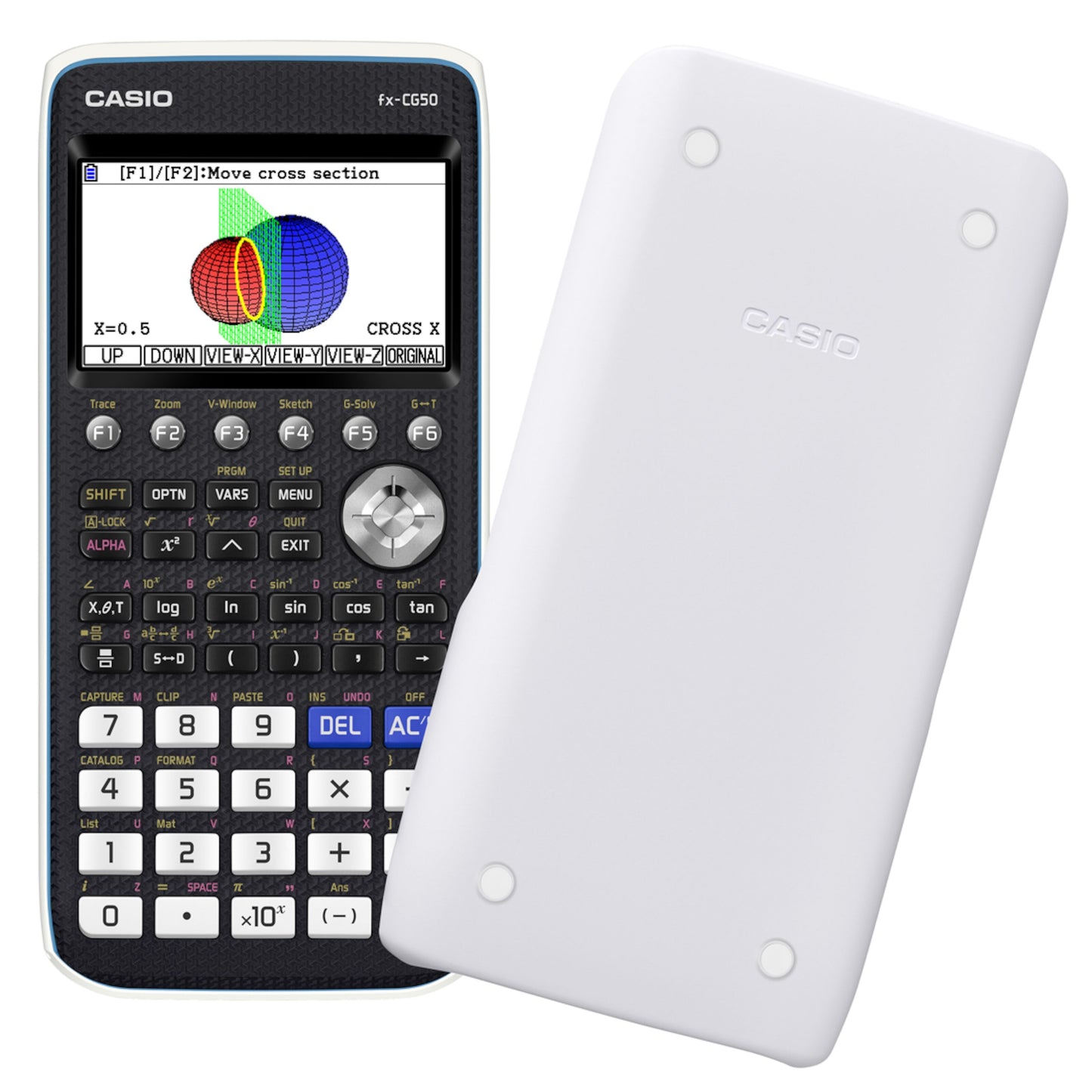 Casio FX-CG50 grafregner med farvedisplay, grafer og 3D-grafik, uden hvidt beskyttelsescover, viser tastatur og skærm.