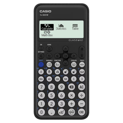 Casio FX-82 CW teknisk lommeregner sorteret med mange matematikknapper og display med Calculate, Statistics, Table, Math Box.