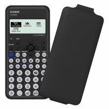 Casio FX-82 CW teknisk lommeregner sort med delvist aftaget beskyttelsescover, synlig skærm og tastatur med funktionsknapper.