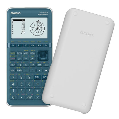 Casio FX-7400GIII grafregner med sort monokrom skærm, pie chart visning, tastatur med flere knapper, beskyttelsescover.