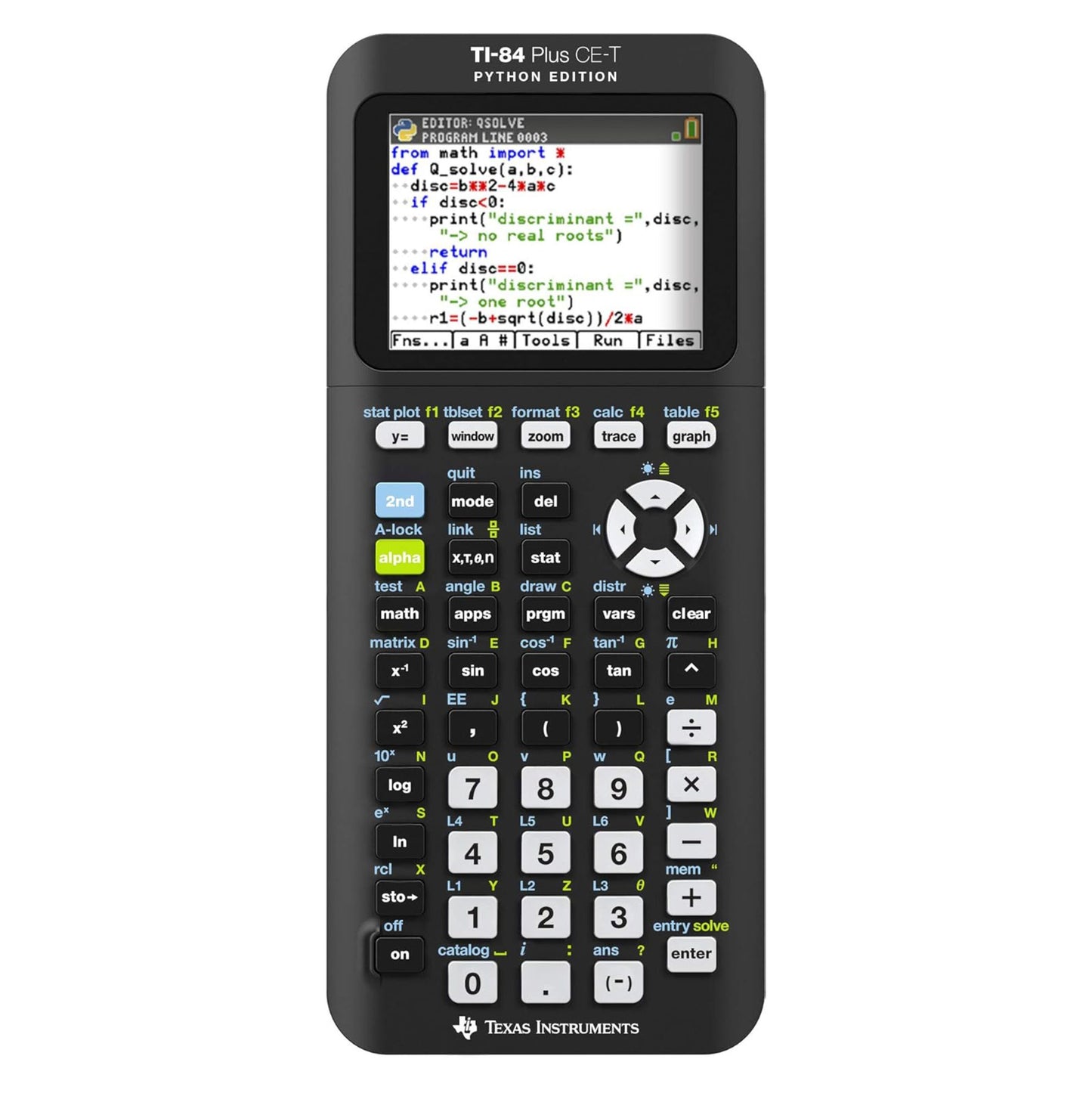 TI-84 Plus CE-T Python Edition lommeregner med Python Q_solve-program på farveskærmen.