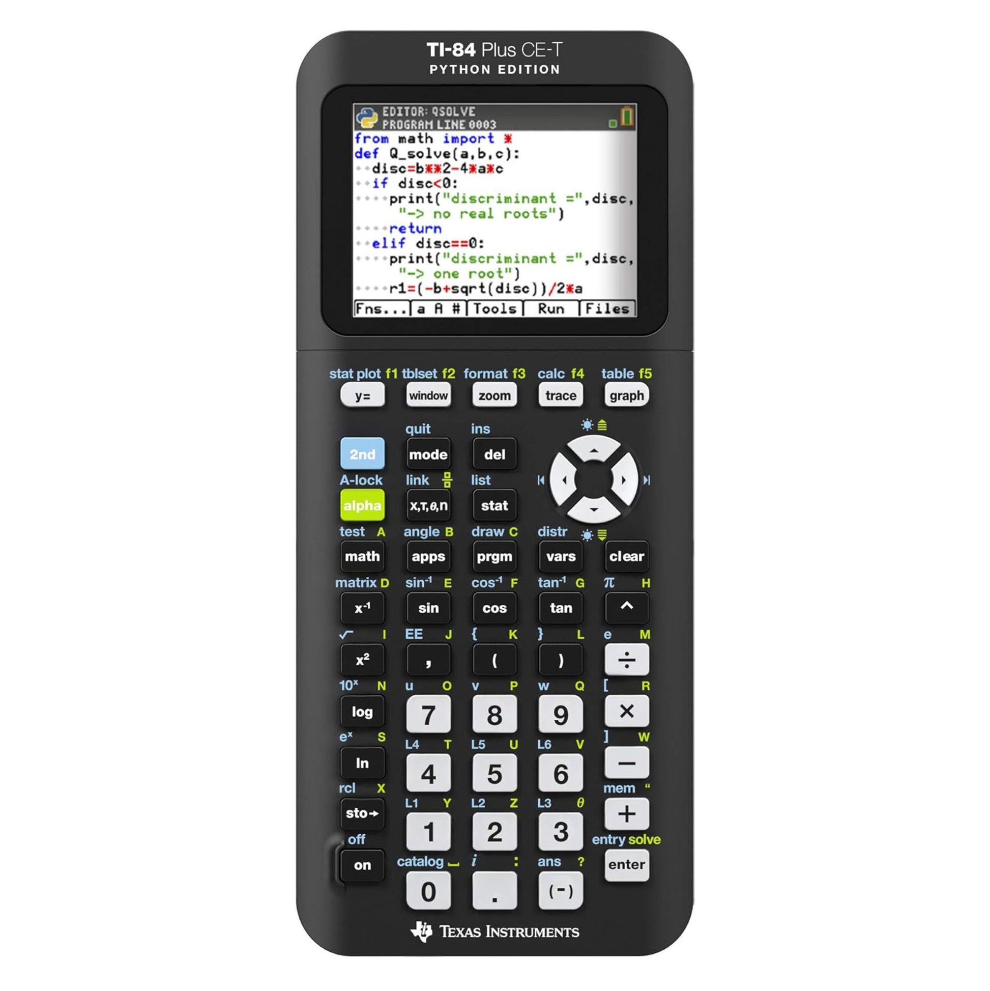 TI-84 Plus CE-T Python Edition lommeregner med Python Q_solve-program på farveskærmen.