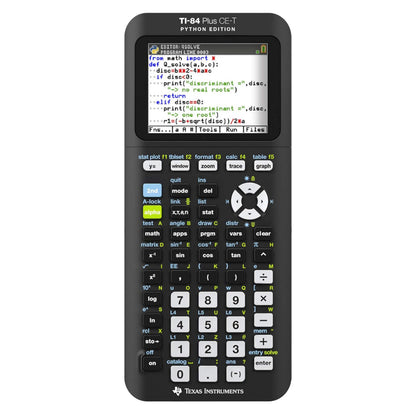 TI-84 Plus CE-T Python Edition lommeregner med Python Q_solve-program på farveskærmen.