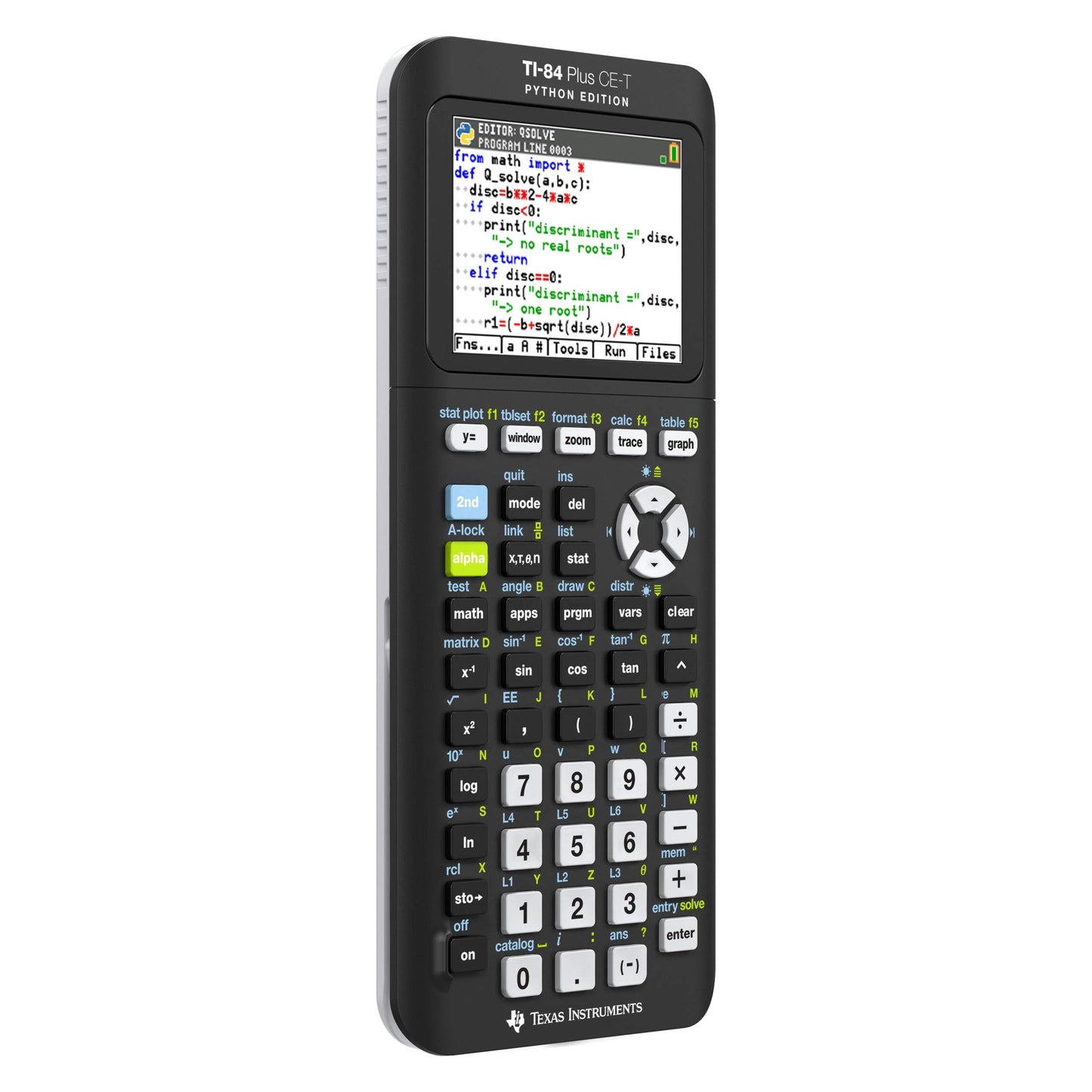 Texas Instruments TI-84 Plus CE-T Python Edition lommeregner, sort kabinet, farveskærm, farverige knapper, logo nederst.