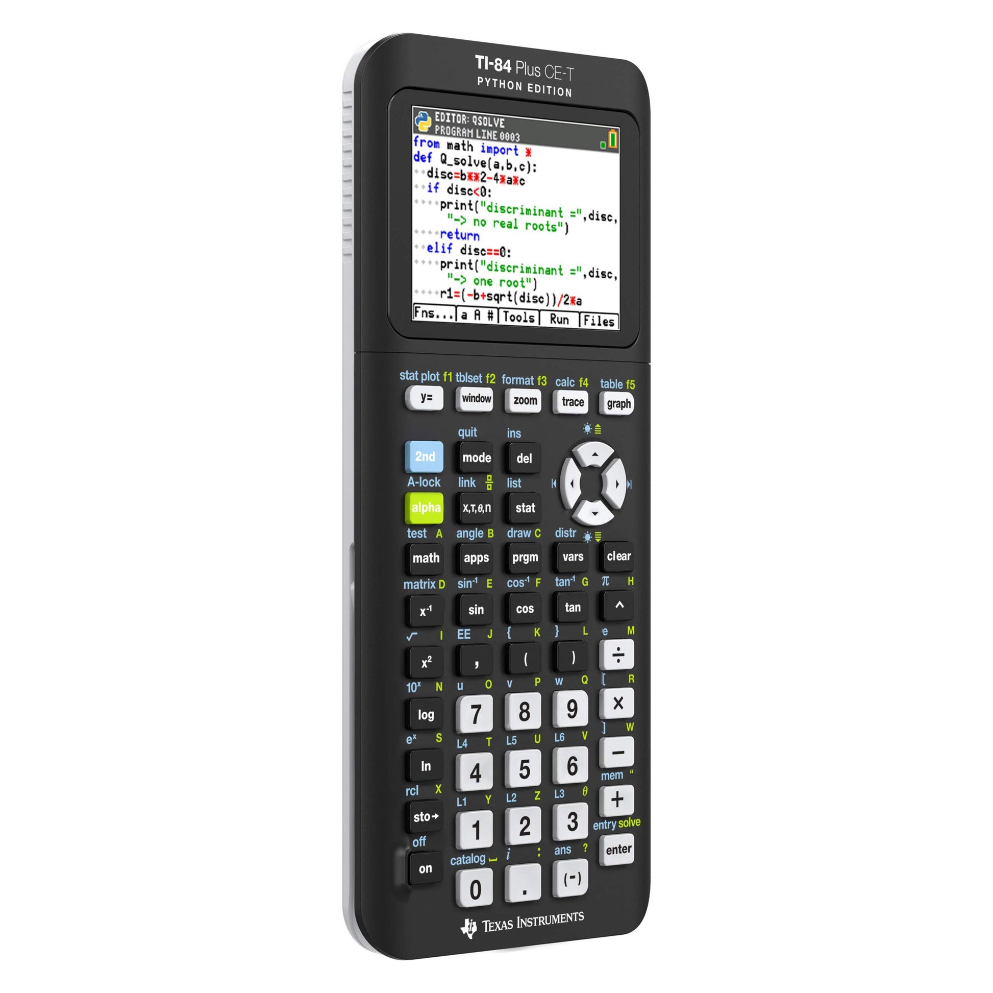 Texas Instruments TI-84 Plus CE-T Python Edition lommeregner, sort kabinet, farveskærm, farverige knapper, logo nederst.