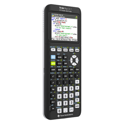 Texas Instruments TI-84 Plus CE-T Python Edition lommeregner, sort kabinet, farveskærm, farverige knapper, logo nederst.