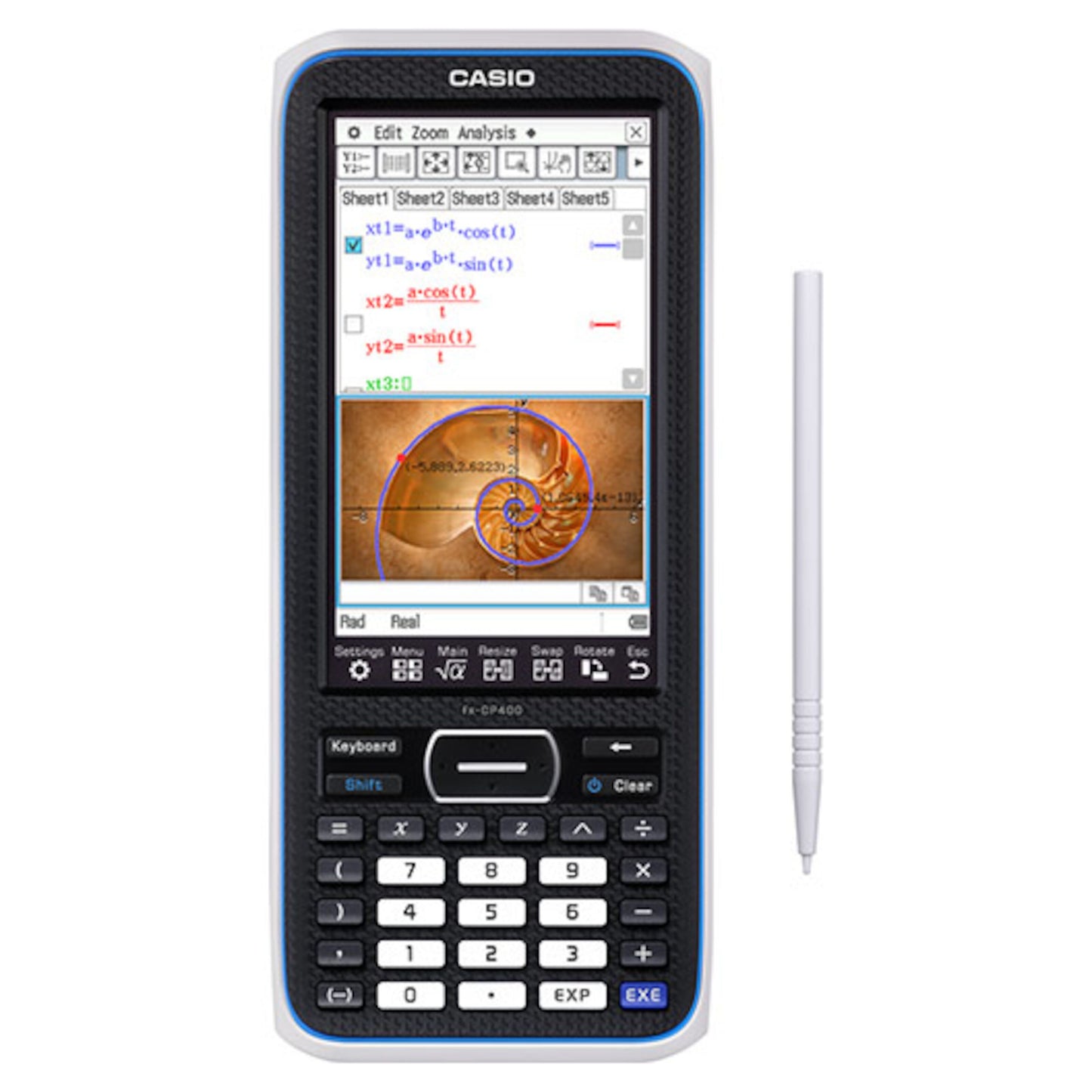 Casio ClassPad II CAS lommeregner med touchskærm, farvedisplay, grafvisning og hvid stylus.
