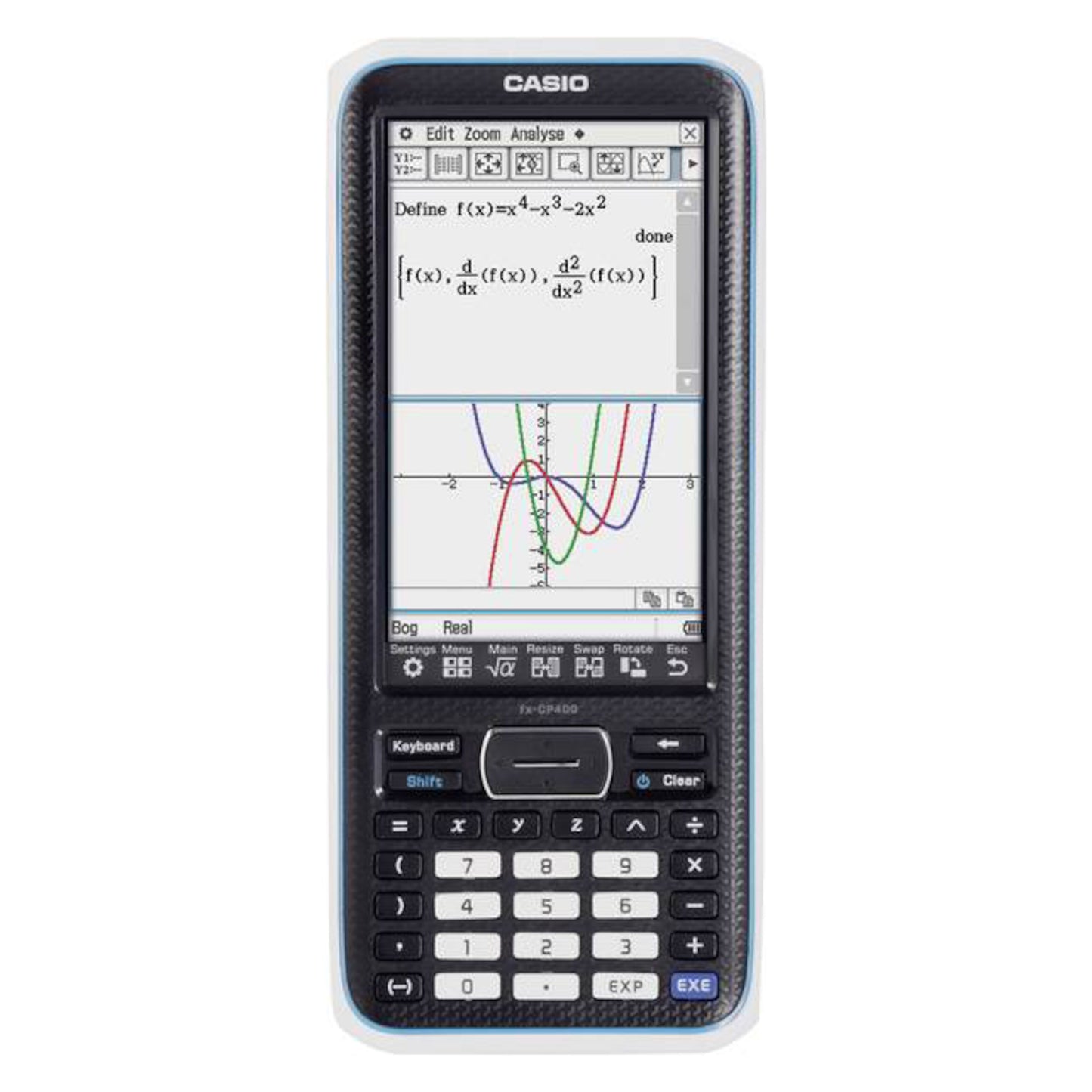 Casio ClassPad II CAS lommeregner med touchskærm, farvede grafer, matematikligninger og knapper under display.