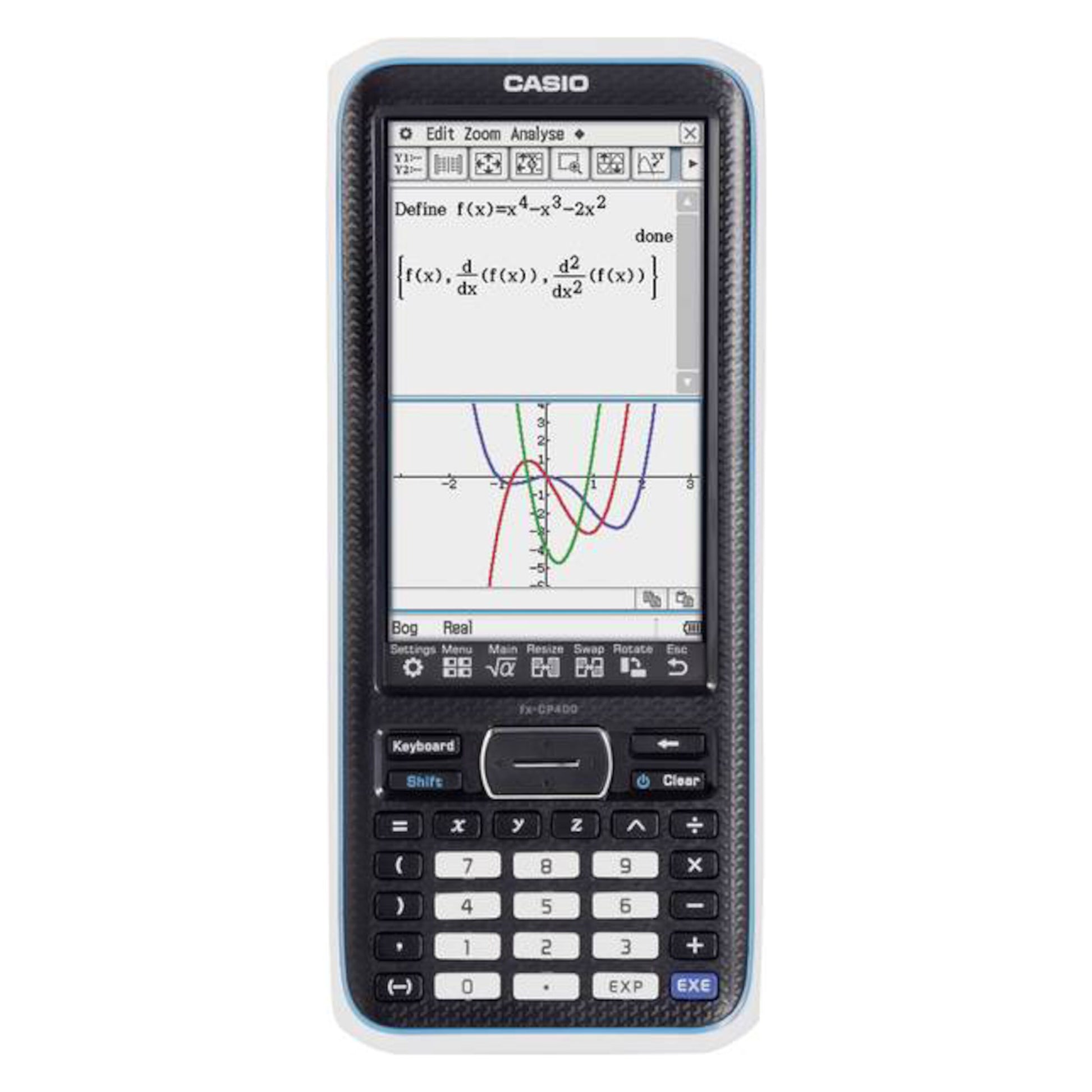 Casio ClassPad II CAS lommeregner med touchskærm, farvede grafer, matematikligninger og knapper under display.