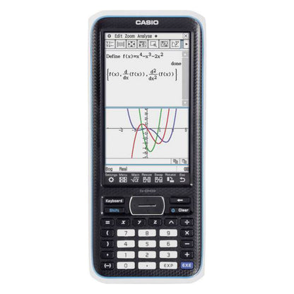Casio ClassPad II CAS lommeregner med touchskærm, farvede grafer, matematikligninger og knapper under display.