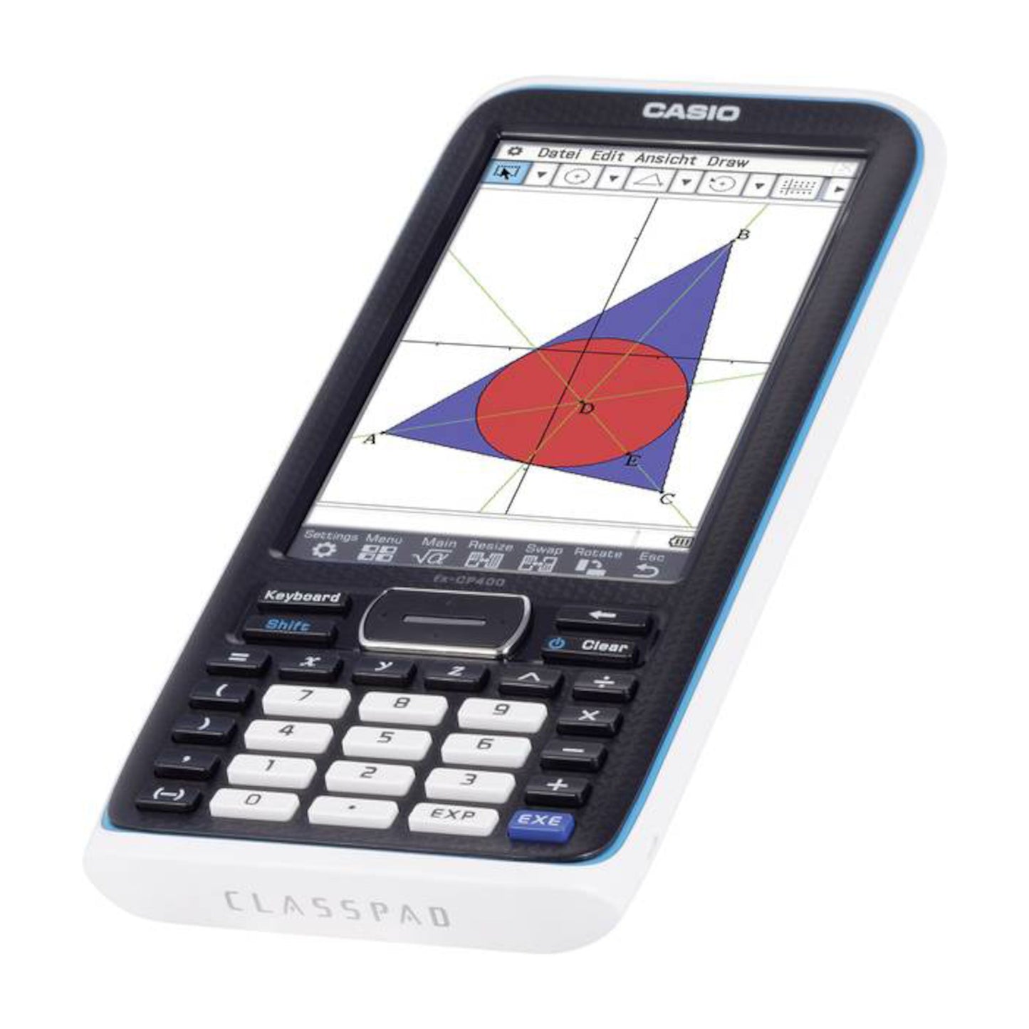 Casio ClassPad II CAS lommeregner med touch-farveskærm, graf med rød cirkel og blå trekant, tastatur og knapper.
