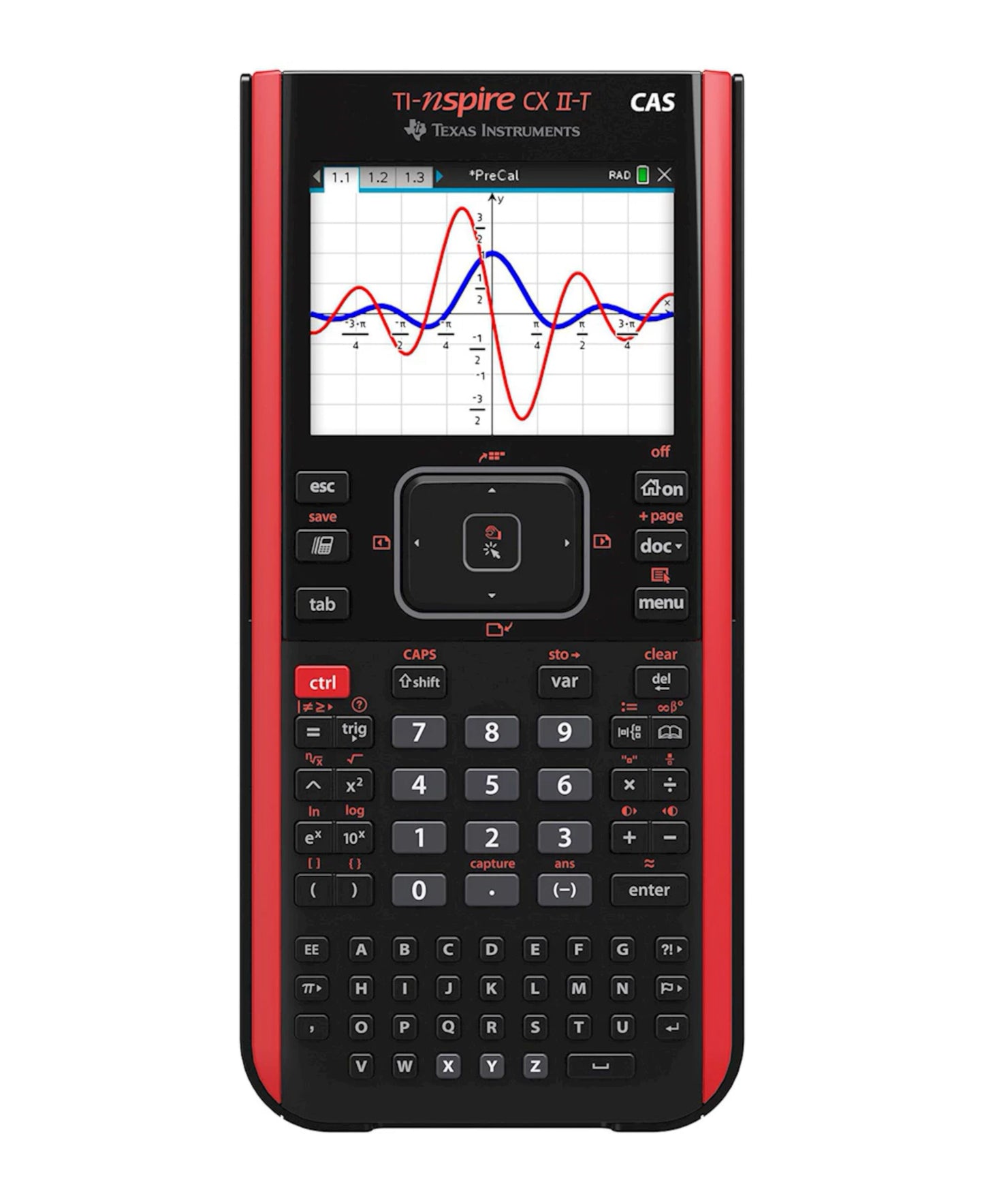 Texas TI-Nspire CX II T CAS lommeregner, farveskærm med to grafer, sort/rød, matematikknapper, Mini-USB port.