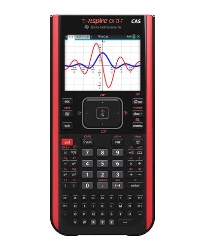 Texas TI-Nspire CX II T CAS lommeregner, farveskærm med to grafer, sort/rød, matematikknapper, Mini-USB port.