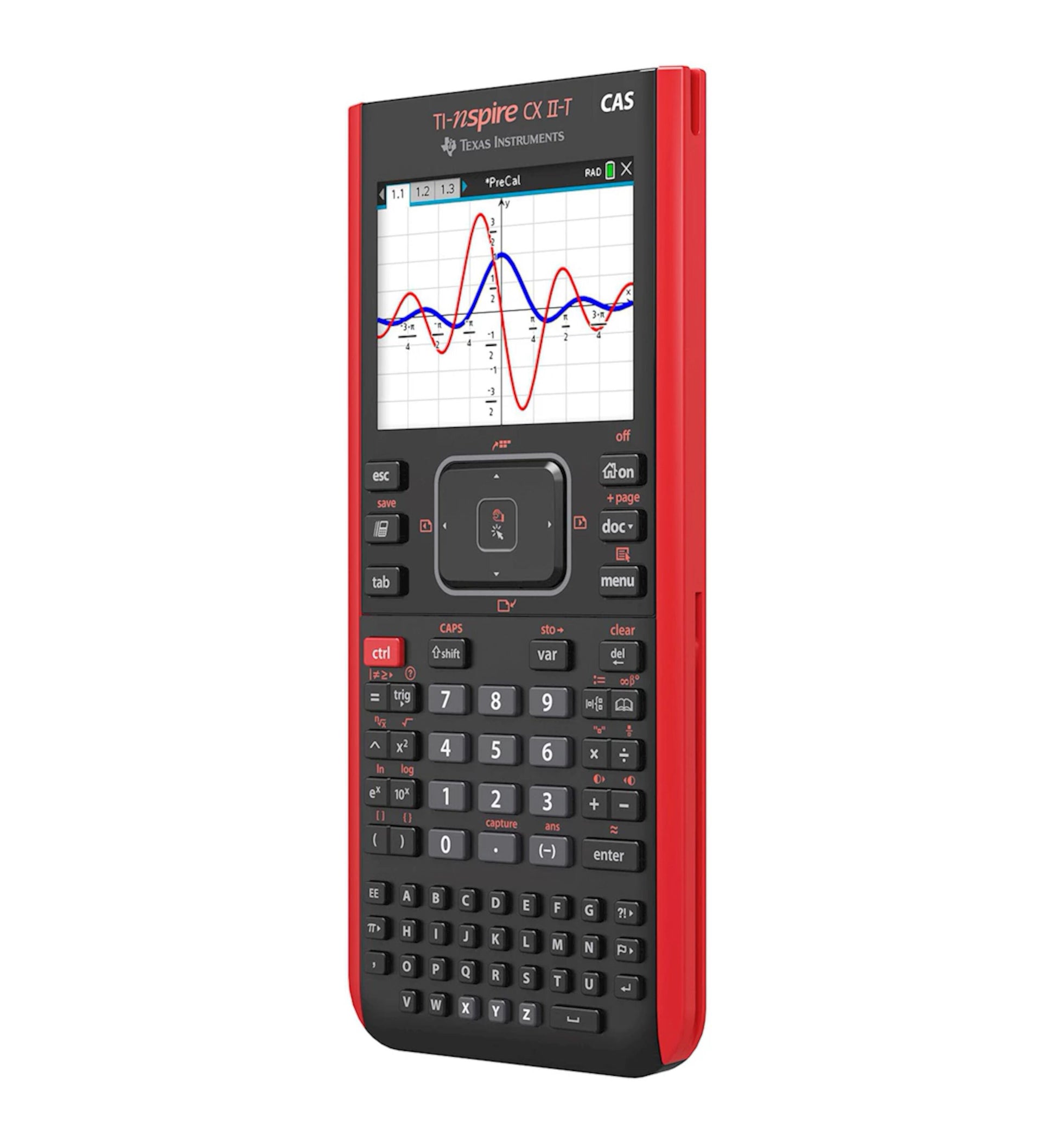 Texas Instruments TI-Nspire CX II T CAS lommeregner, farveskærm, sort/rød kabinet, fuldt tastatur, Mini-USB-port.