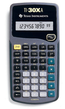Texas TI-30Xa lommeregner viser 1.234567890, funktionsknapper, sort og grå kabinet.