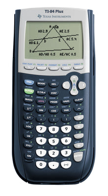 Texas Instruments TI-84 Plus lommeregner med geometrisk diagram på display og tydeligt markerede knapper.
