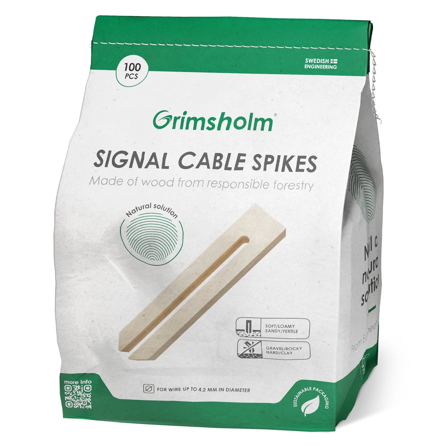 Grimsholm træspyd til signalkabel 100-pak, til fastgørelse af kabel til robotplæneklipper, bæredygtigt træ.