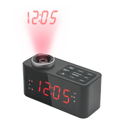Rubicson projektorur med alarm og FM-radio, sort LED-display med rød tid (12:05), projicerer tid, topknapper til indstillinger.