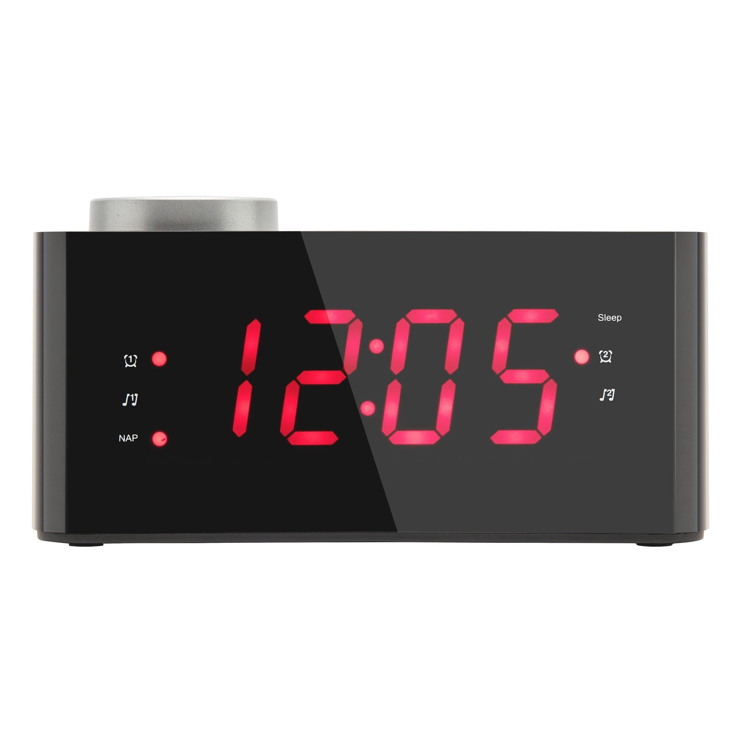 Rubicson projektorur med alarm, FM-radio, stort rødt LED-tal (12:05), sorte knapper med lur- og sovefunktion.