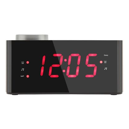 Rubicson projektorur med alarm, FM-radio, stort rødt LED-tal (12:05), sorte knapper med lur- og sovefunktion.