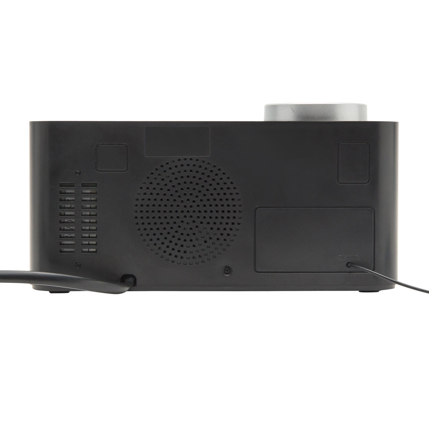 Rubicson Projektorur med alarm og FM-radio sort LED-display bagfra, rund udluftning, rektangulært panel, strømstik i siderne.
