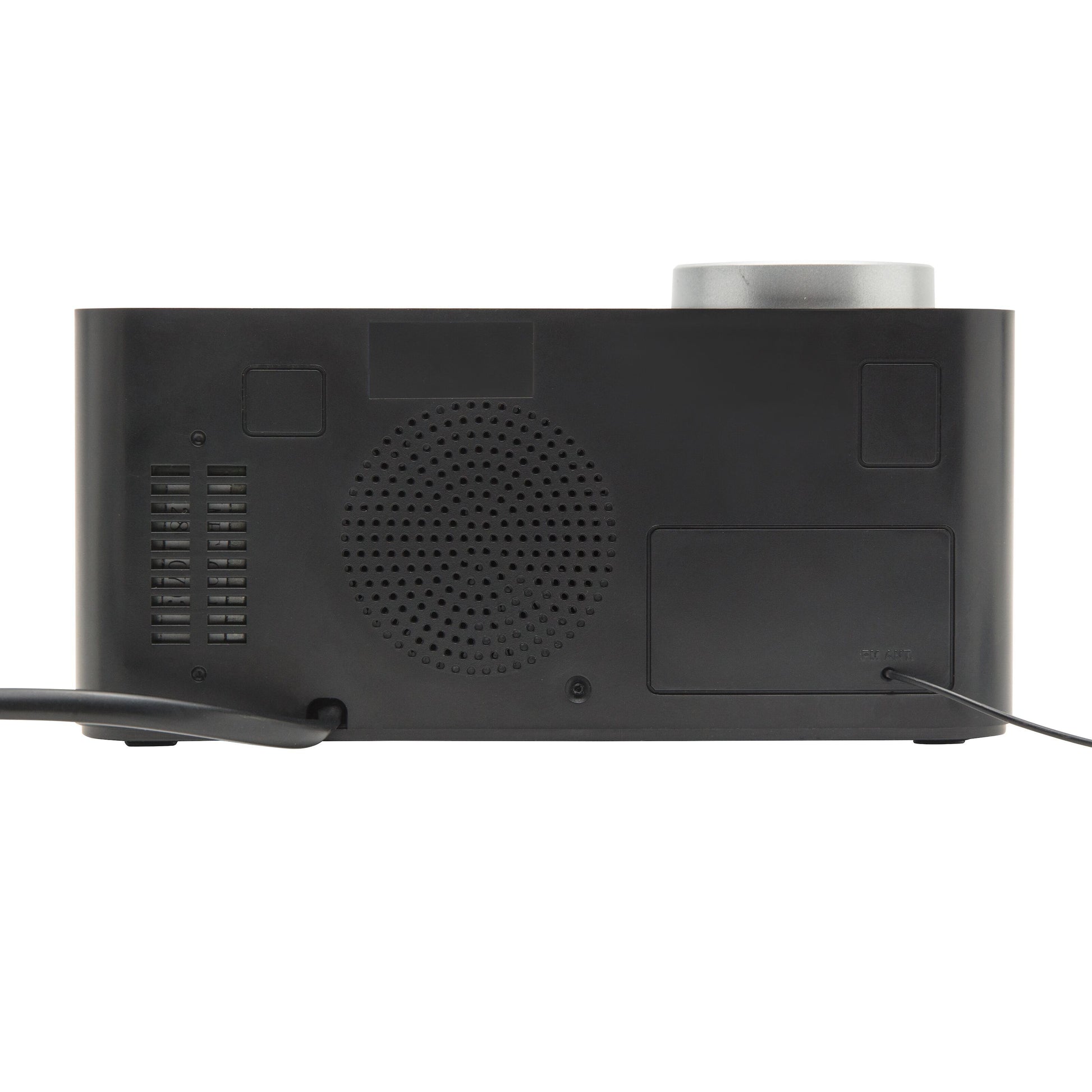 Rubicson Projektorur med alarm og FM-radio sort LED-display bagfra, rund udluftning, rektangulært panel, strømstik i siderne.