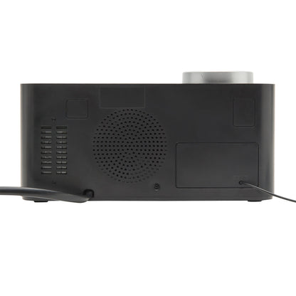 Rubicson Projektorur med alarm og FM-radio sort LED-display bagfra, rund udluftning, rektangulært panel, strømstik i siderne.