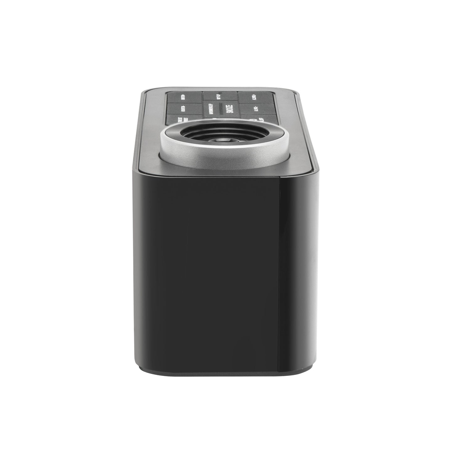 Rubicson Projektorur med alarm og FM-radio sort rektangulær med rund kontrolknap, topknapper og LED-display forfra.