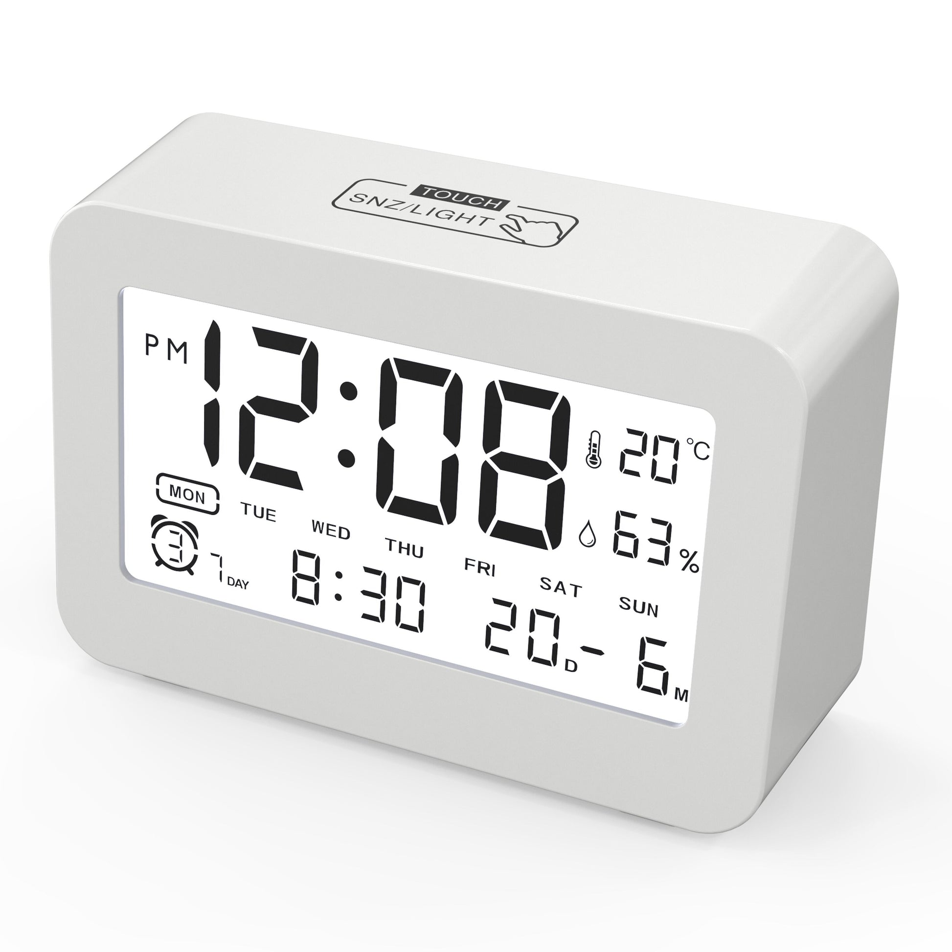 Luxorparts rejsealarm digitalt display viser tid 12:08 PM, temperatur 20°C, luftfugtighed 63, ugedag, dato og alarmtid.
