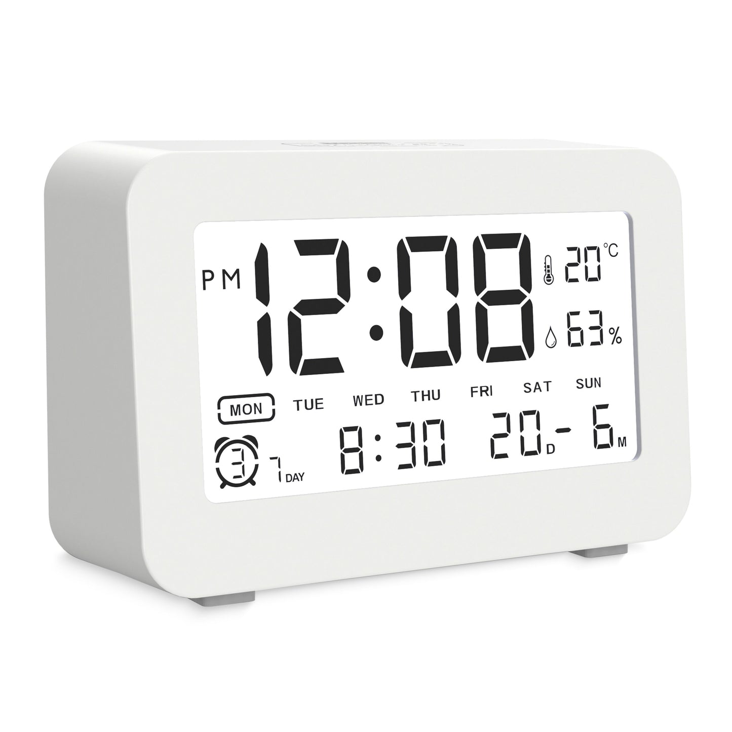 Luxorparts vækkeur med stort display, viser 12:08 PM, 20 °C, 63  luftfugtighed, mandag, alarm og kalender.