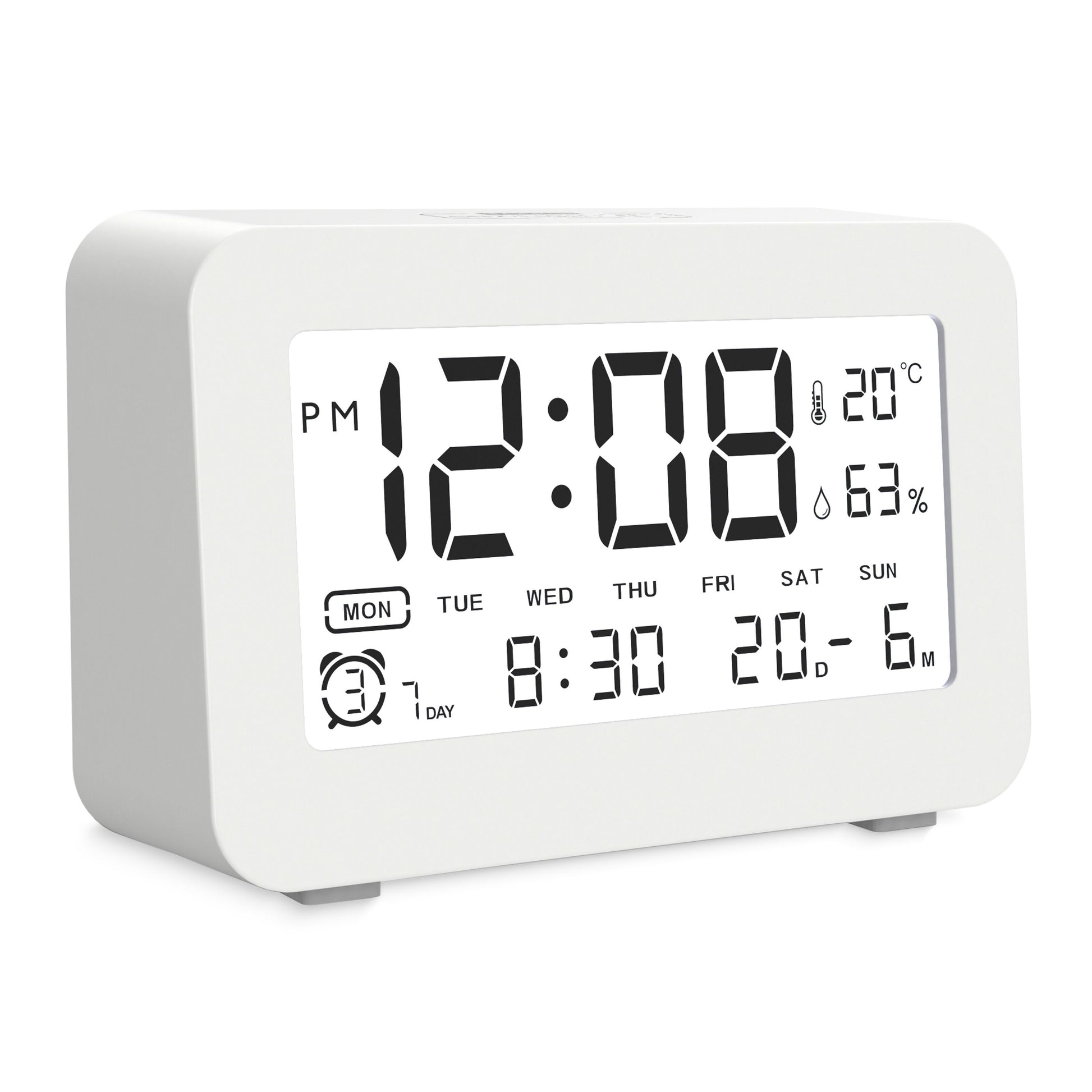Luxorparts vækkeur med stort display, viser 12:08 PM, 20 °C, 63  luftfugtighed, mandag, alarm og kalender.