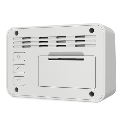 Luxorparts vækkeur hvid rektangulær digitalt display tre venstre knapper ventilationsslidser top åbning i midten.