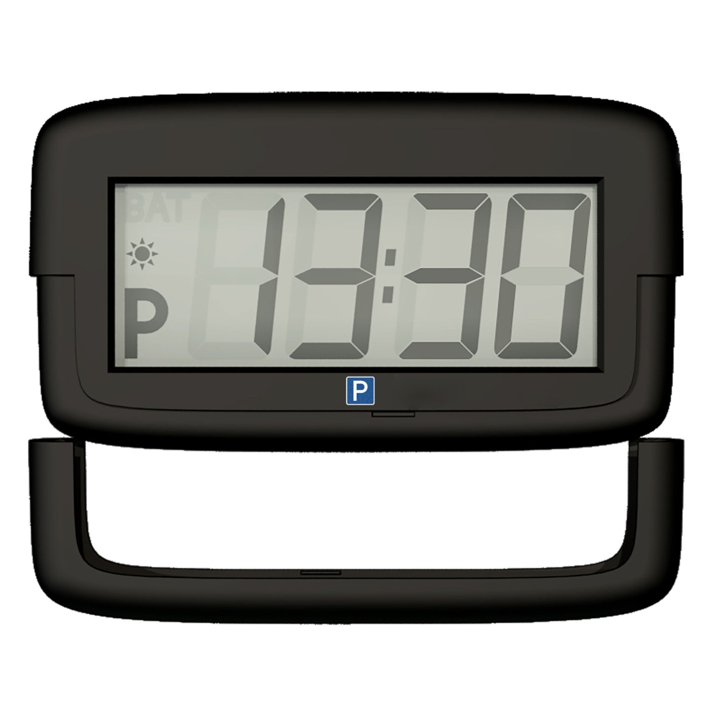 Park Micro 2 automatisk P-skive sort digitalt display viser 13:30 med parkeringstid, P-symbol og sol-ikon.