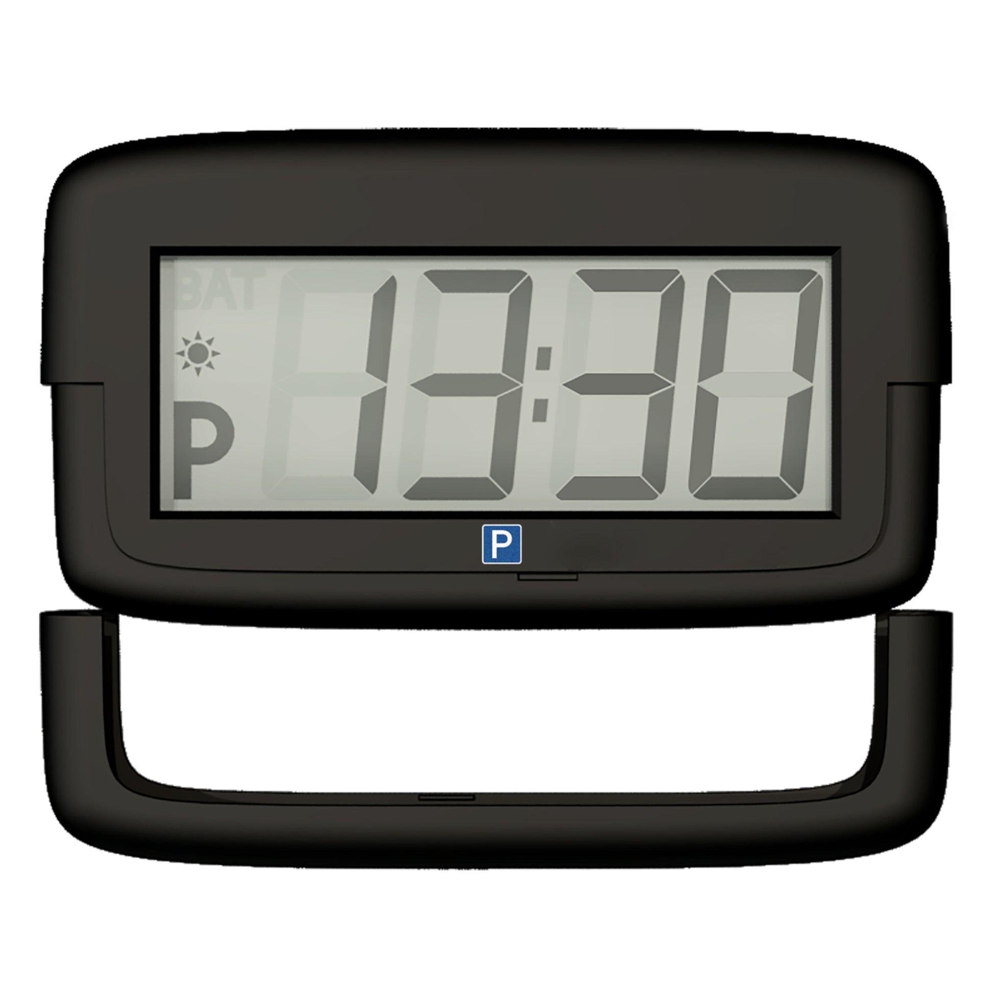 Park Micro 2 automatisk P-skive sort digitalt display viser 13:30 med parkeringstid, P-symbol og sol-ikon.