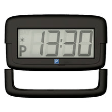 Park Micro 2 automatisk P-skive sort digitalt display viser 13:30 med parkeringstid, P-symbol og sol-ikon.