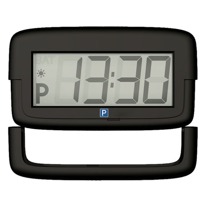 Park Micro 2 automatisk P-skive sort digitalt display viser 13:30 med parkeringstid, P-symbol og sol-ikon.