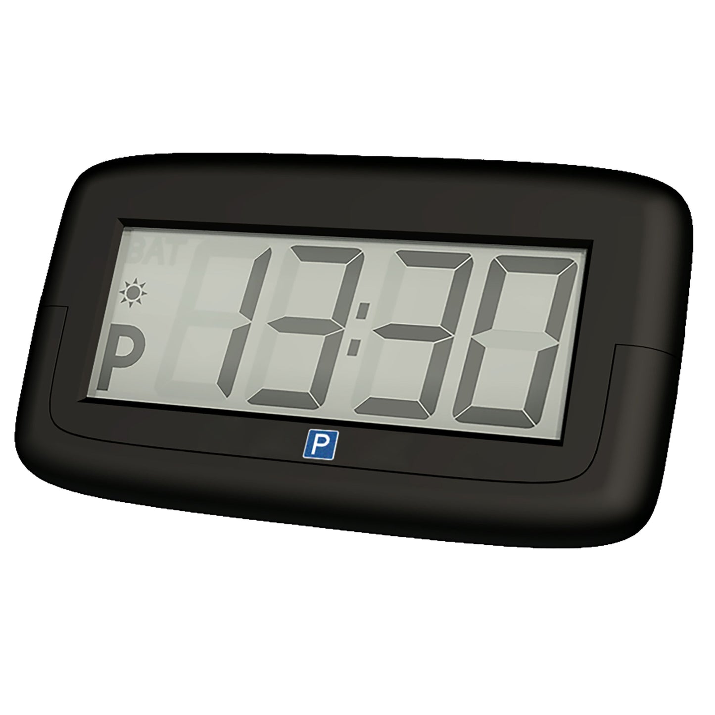 Park Micro 2 automatisk P-skive, sort digital parkeringsskive med display kl. 13:30 og parkerings- samt solikoner venstre.